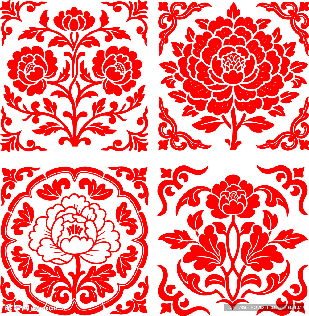 中式传统花卉剪纸图案