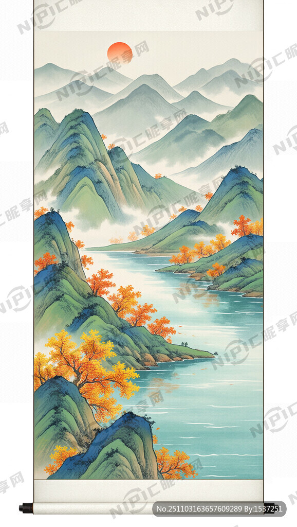 竖式卷轴 山水秋意 丹青色系