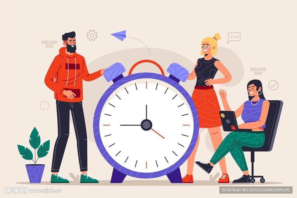 围绕时钟的忙碌工作场景