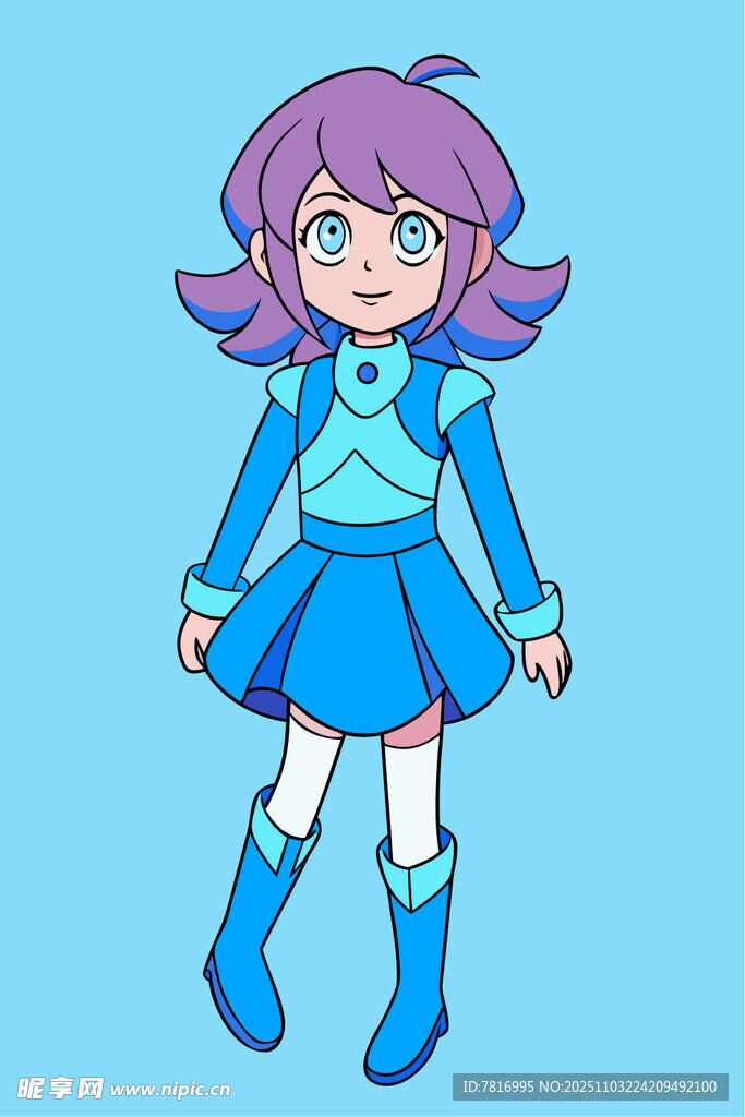 紫色头发的可爱蓝衣女孩