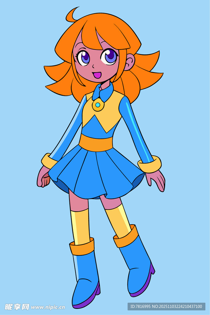 橙色头发的蓝衣动漫女孩