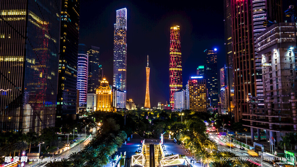 航拍广州夜景繁华都市璀璨灯火