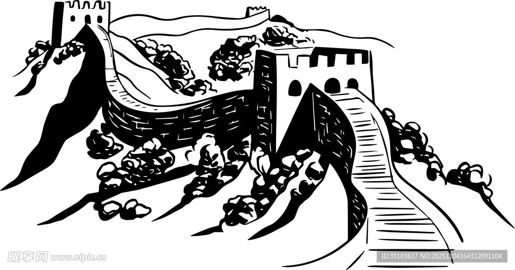 黑白手绘风格的雄伟长城