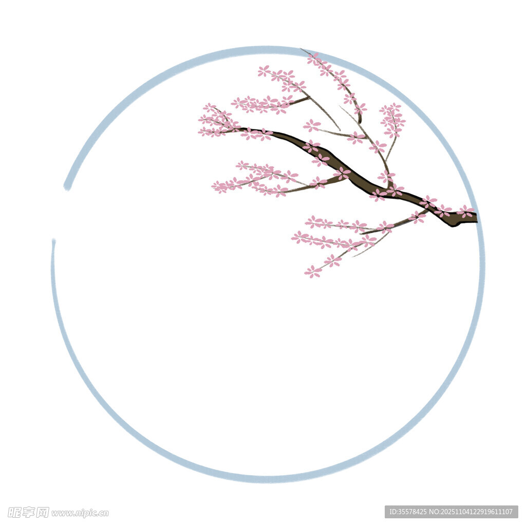 圆形框中绽放的粉色花枝