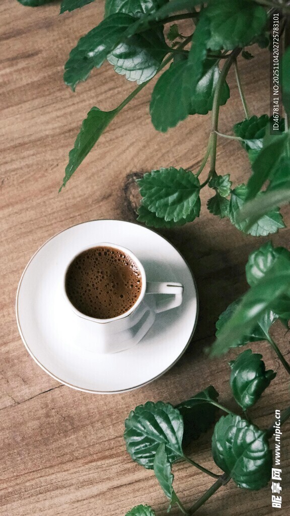 木质桌上的绿植与咖啡杯