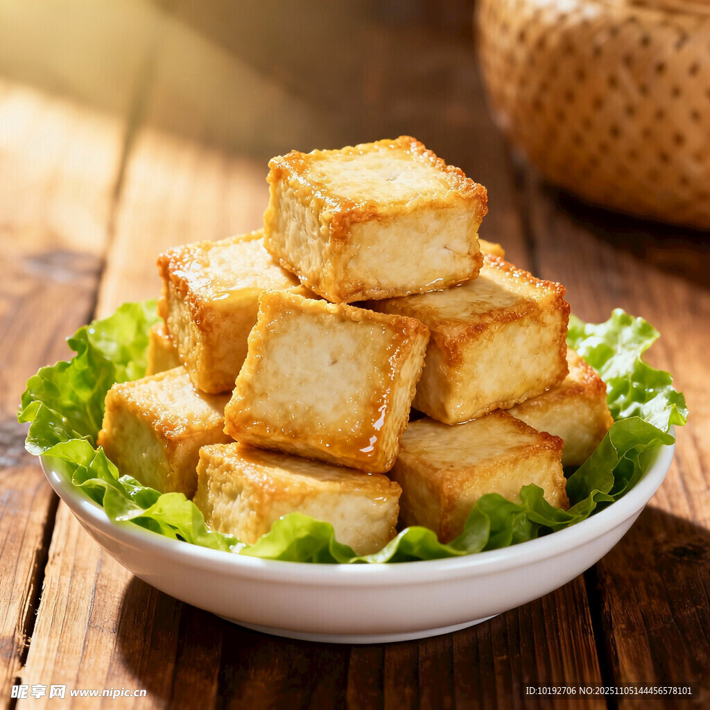 香煎豆腐摆于生菜之上
