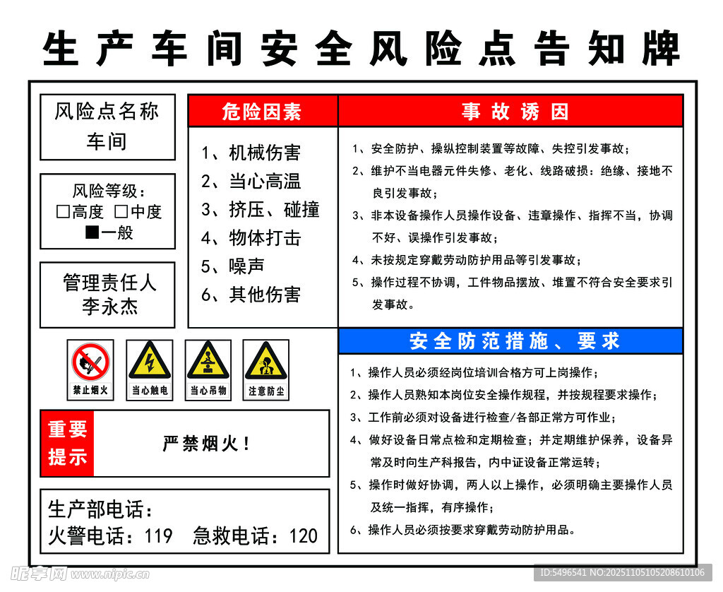 生产车间安全风险告知牌