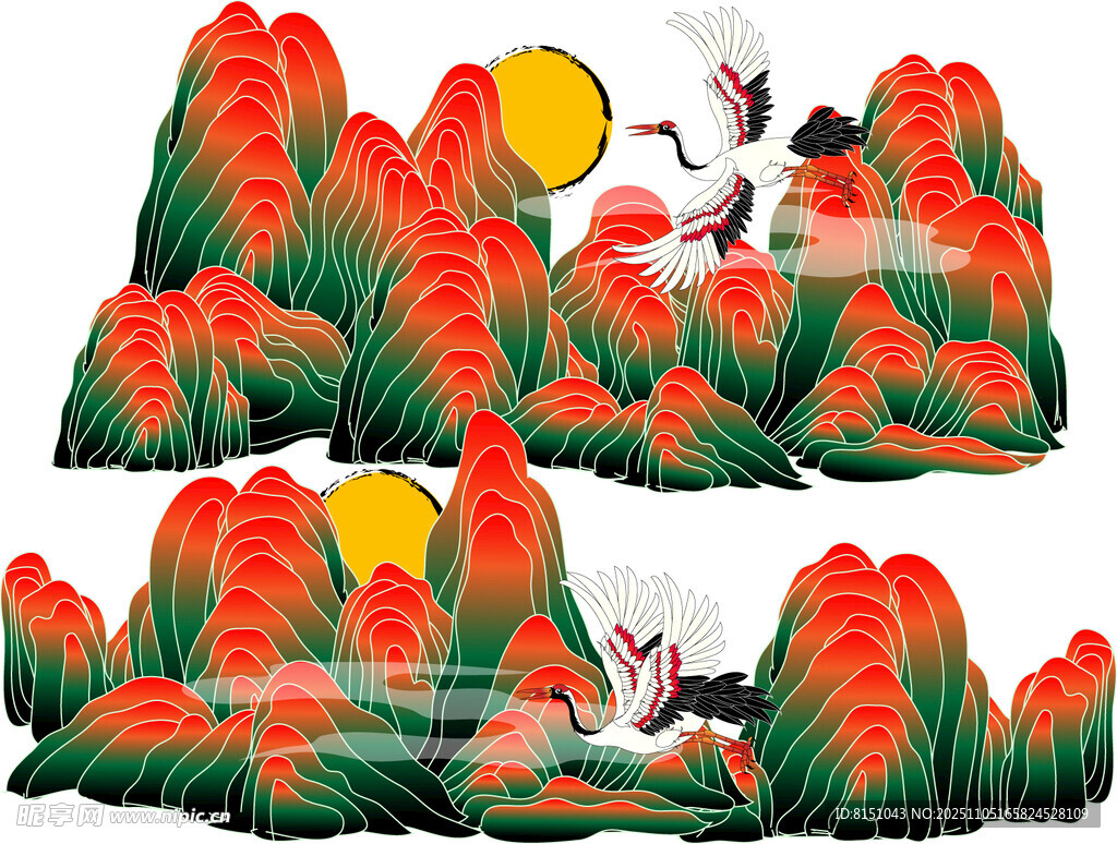 中式山水仙鹤插画意境美