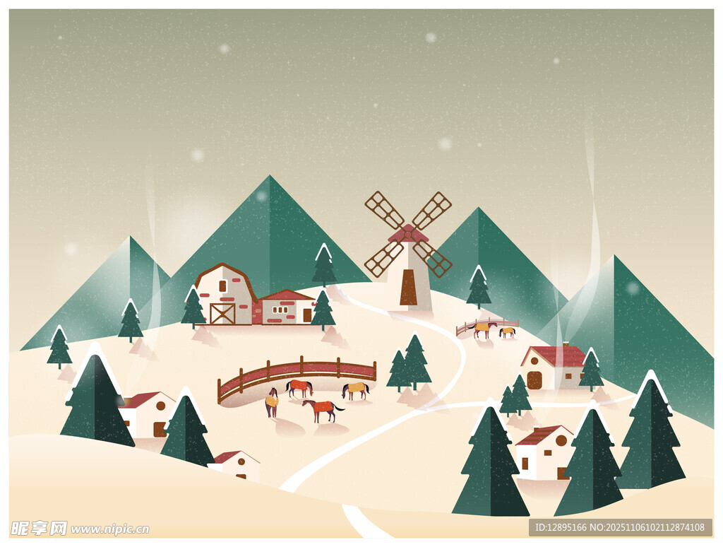 冬日乡村雪景插画