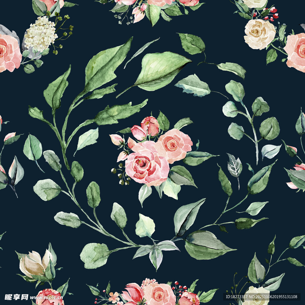 深蓝色底花卉植物图案