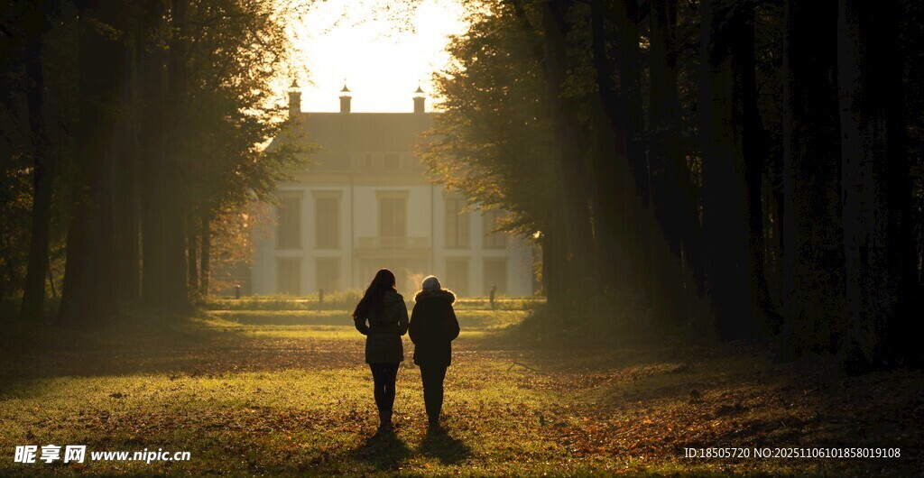 夕阳下两人漫步林间小道