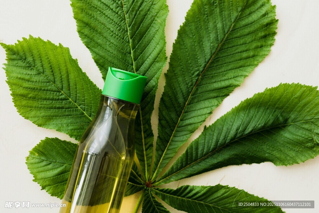大麻叶旁的绿色瓶盖油瓶