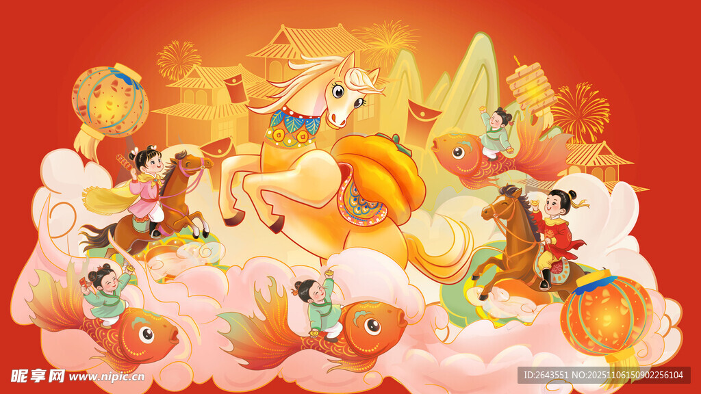 马年春节国潮风儿童人物节日插画