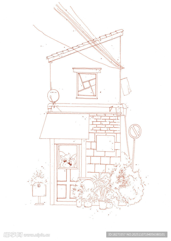 手绘乡村小屋线稿图