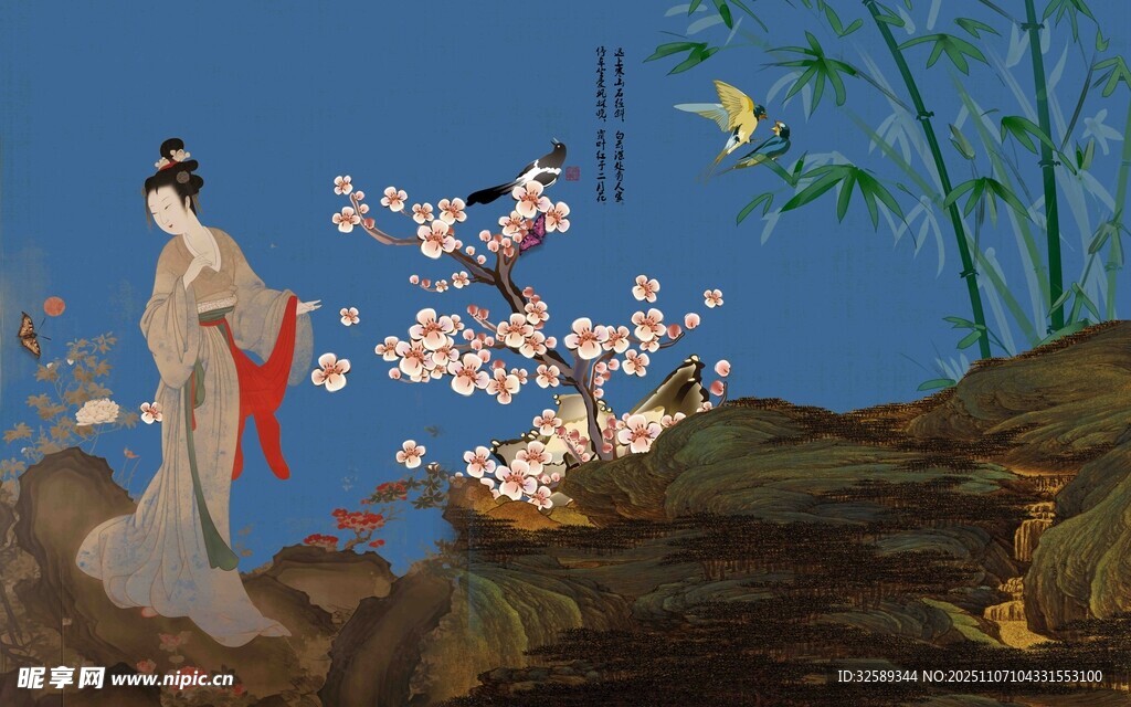 古风女子赏夜中绽放花枝