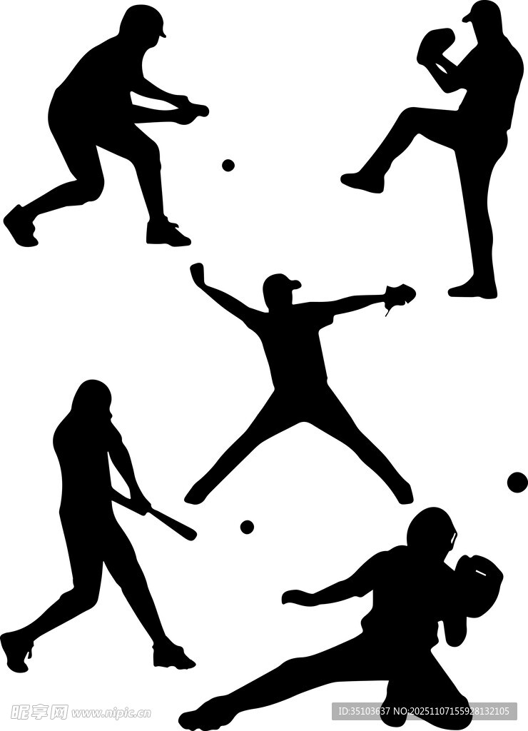 多样棒球姿态剪影