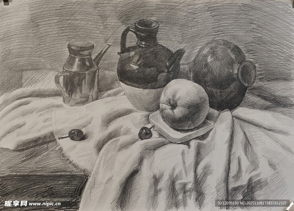 静物素描陶罐水果组合