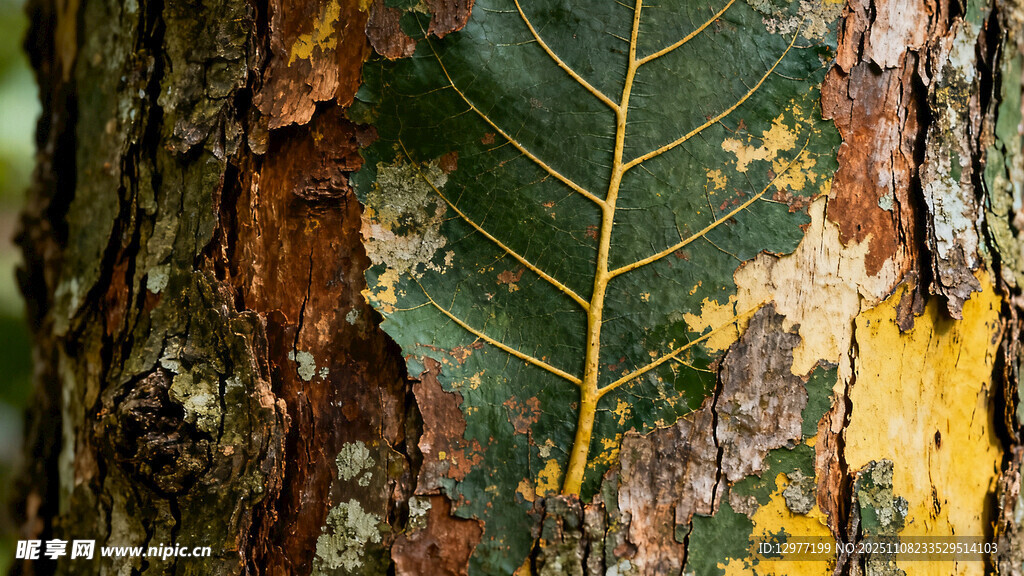 树干上的斑斓秋叶图片