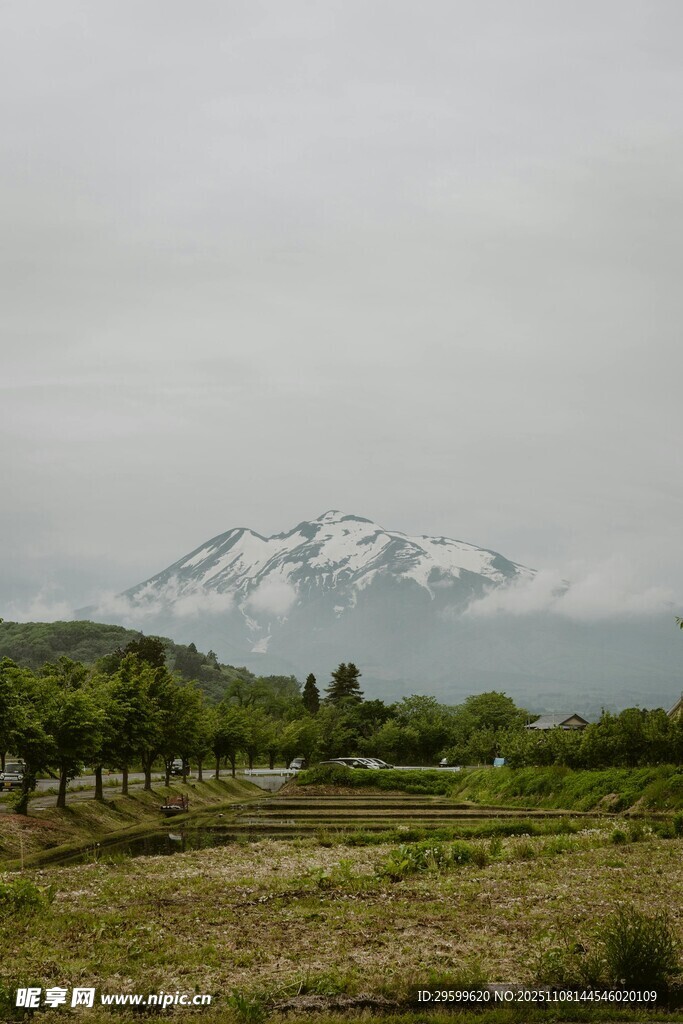 雪山下的开阔田园风光