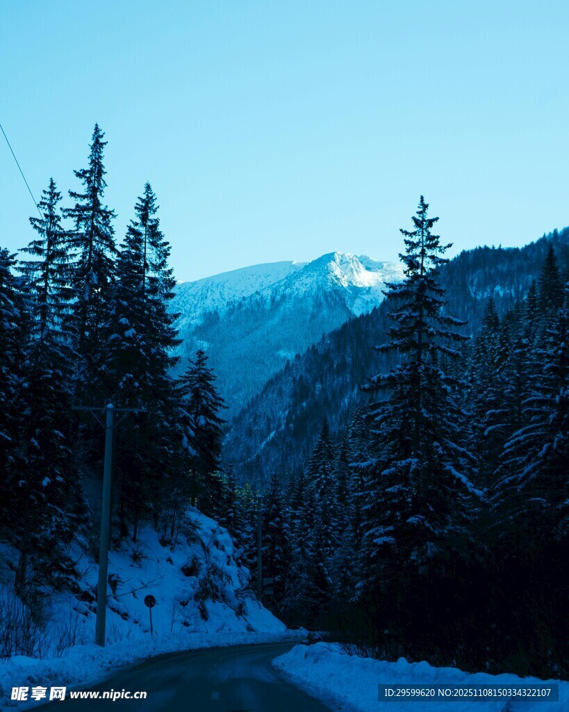 冬日雪山林间公路美景