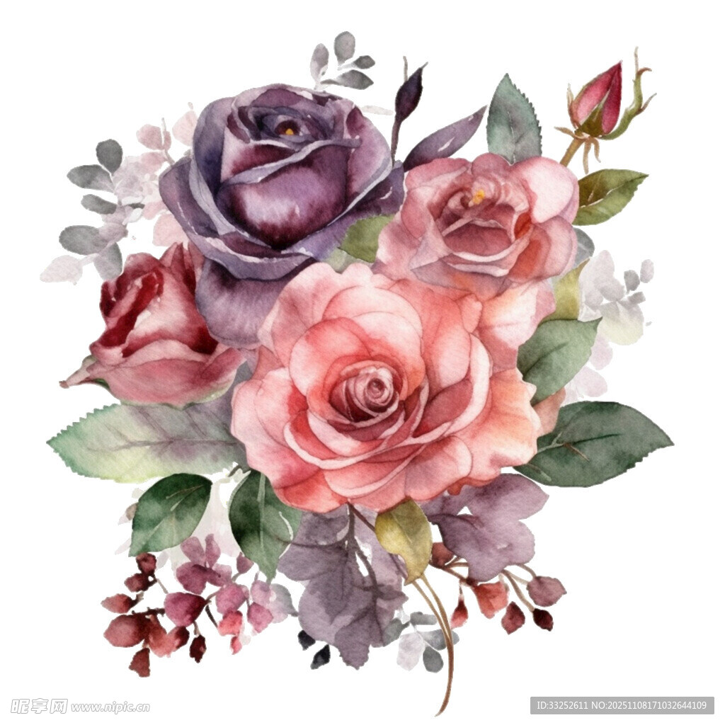 水彩绘多彩玫瑰花卉组合