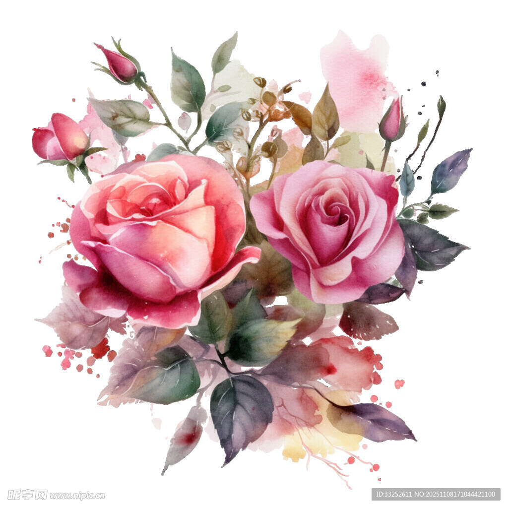 水彩绘就的娇艳玫瑰组合