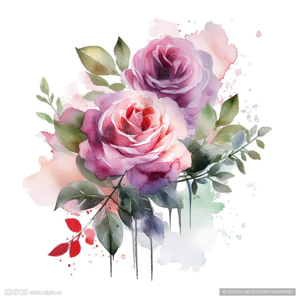 水彩绘就的浪漫玫瑰花束