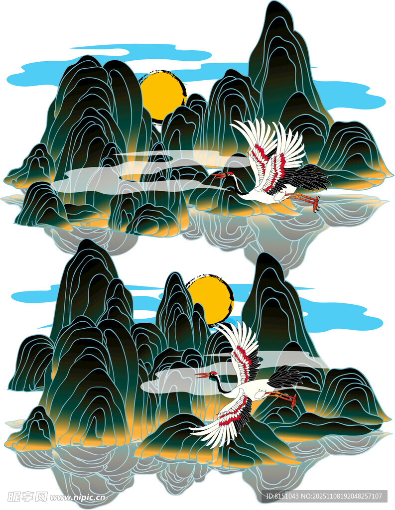 水墨山水仙鹤图