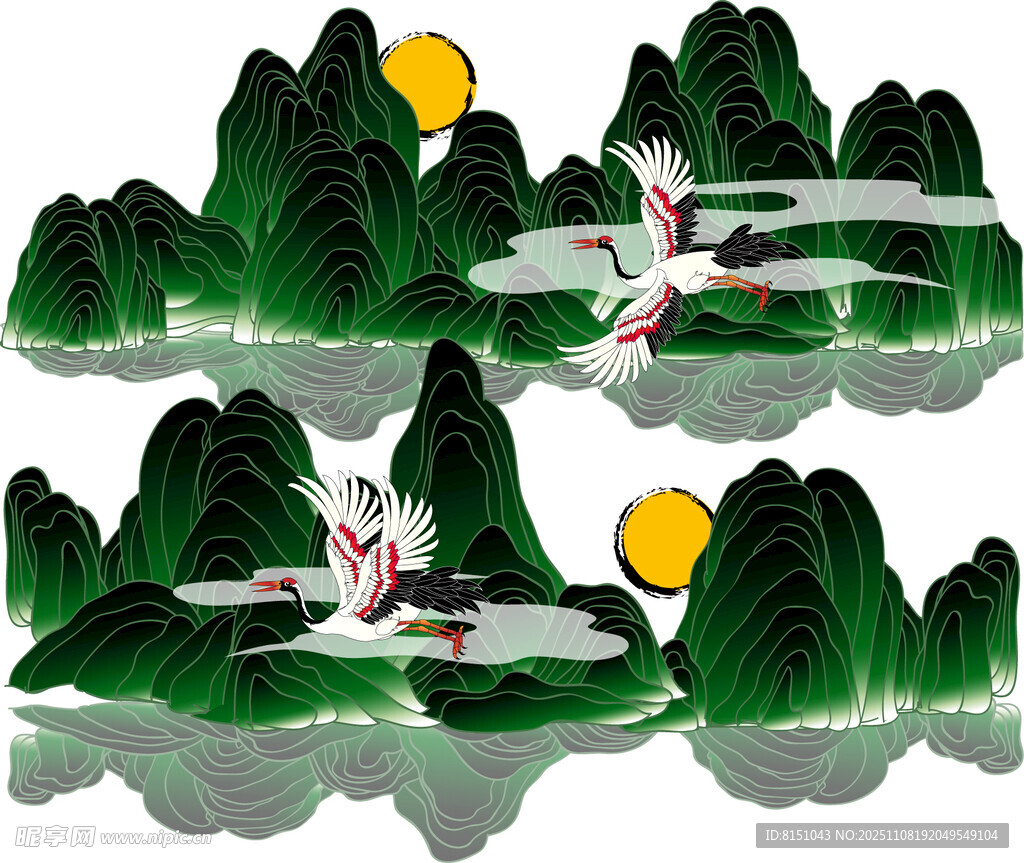 水墨山水间的仙鹤与明月