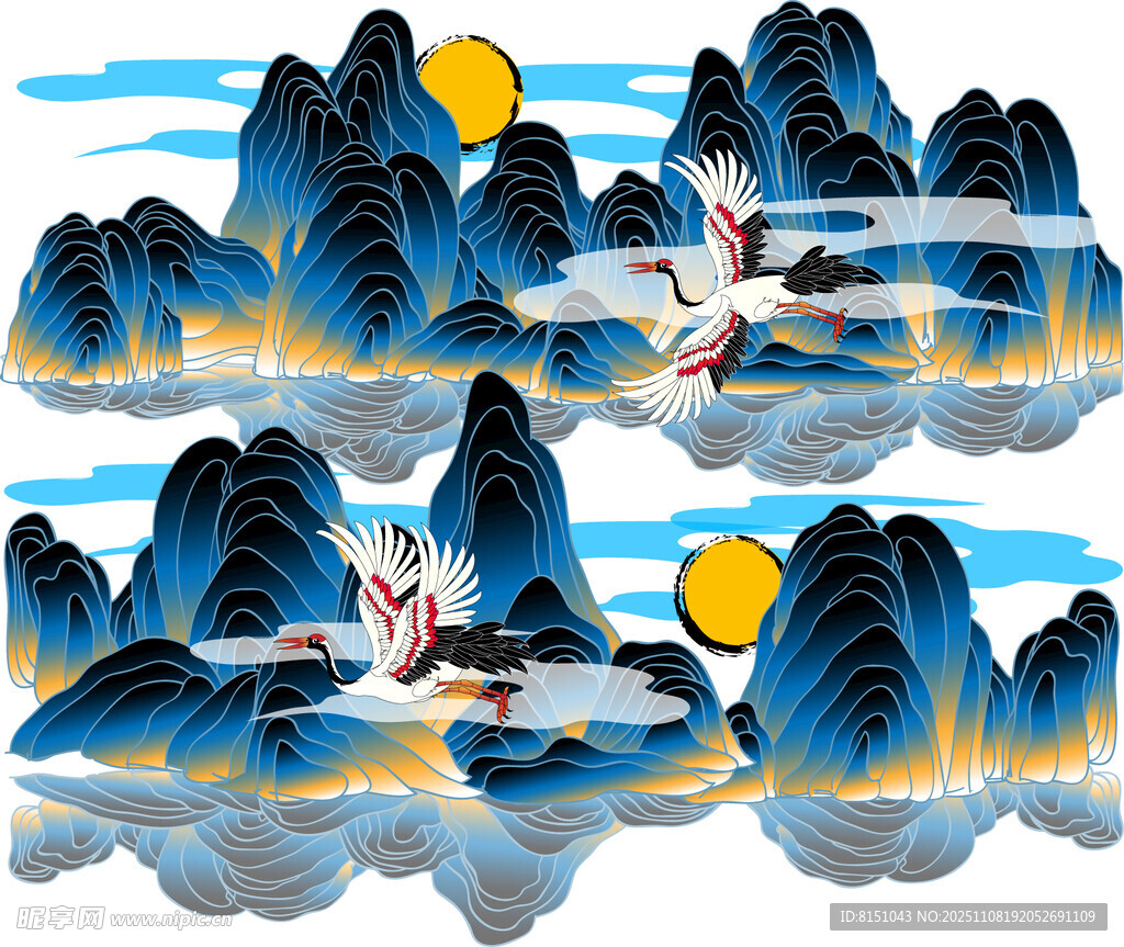 水墨山水仙鹤日出景象