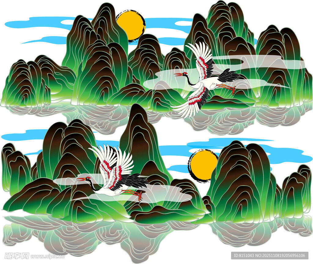 山水间飞鸟伴月的诗意图景