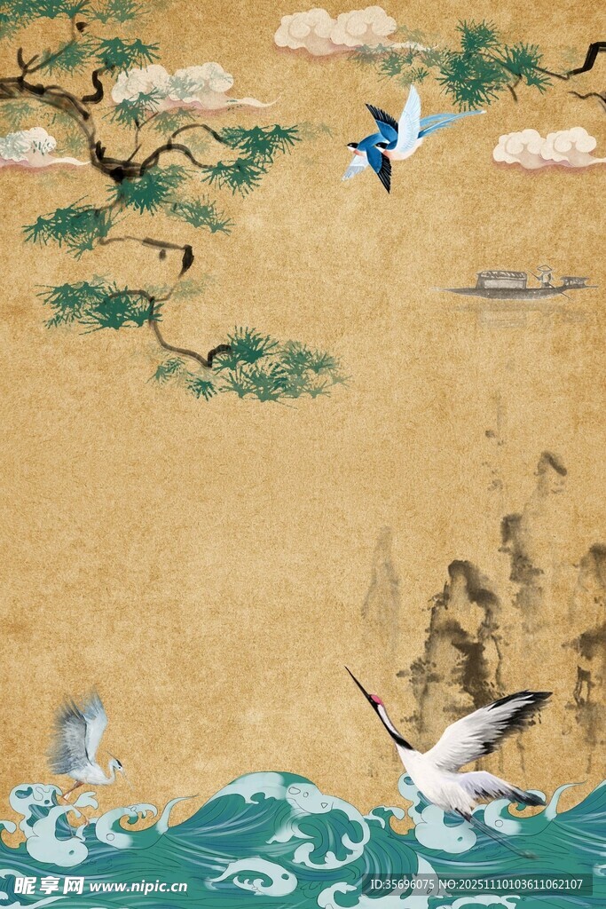 中式古风山水飞鸟景致