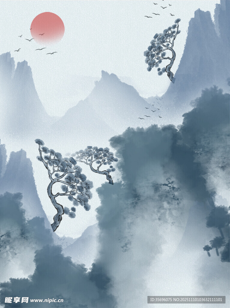 水墨山水间的红日美景