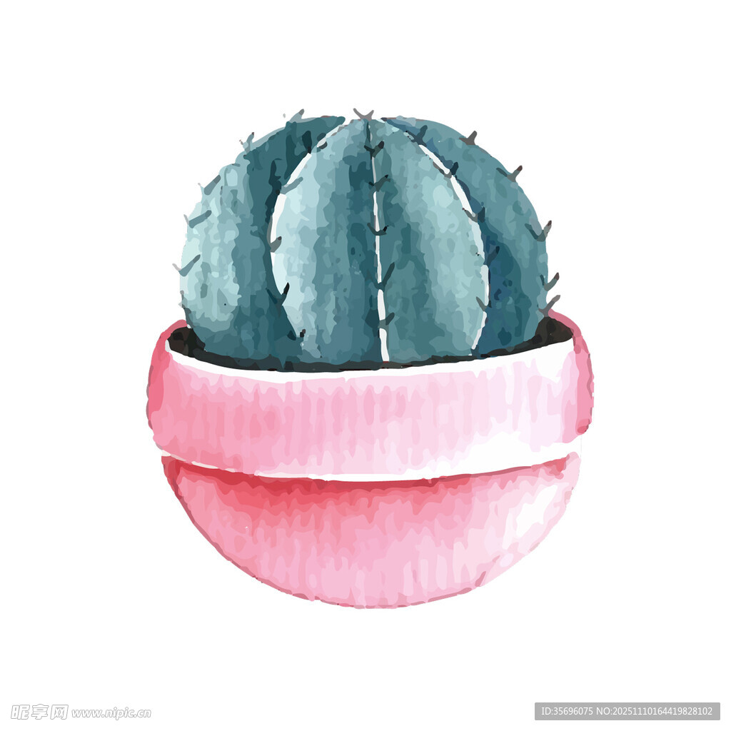 粉色花盆中的水彩风仙人掌