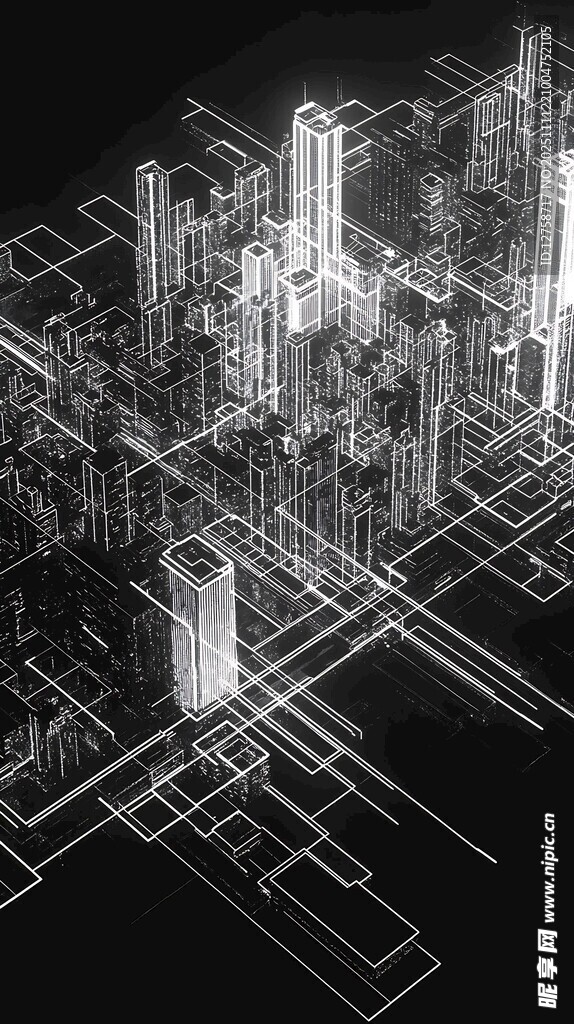 黑白线条勾勒的未来城市
