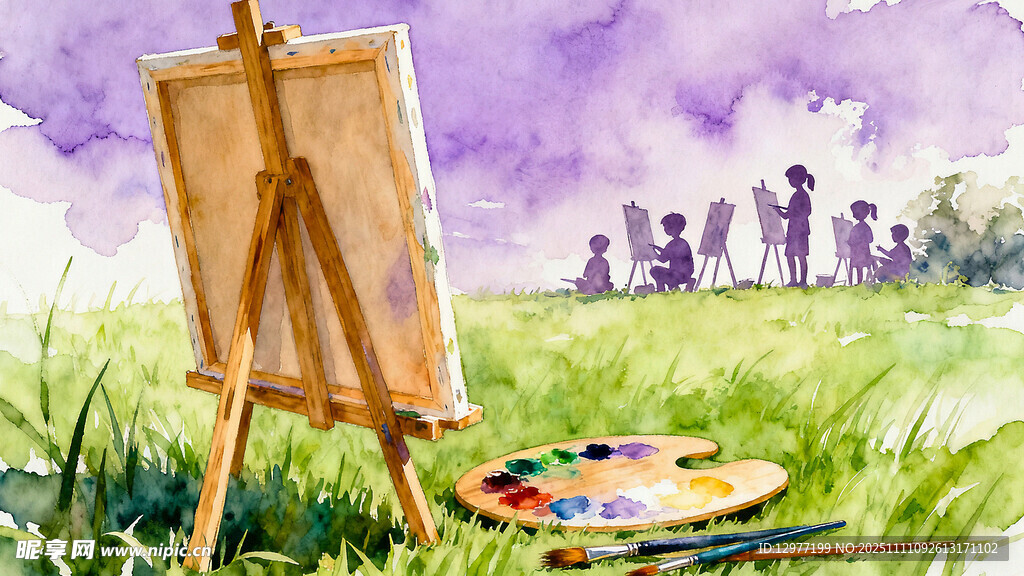 户外画架与多彩绘画场景图片