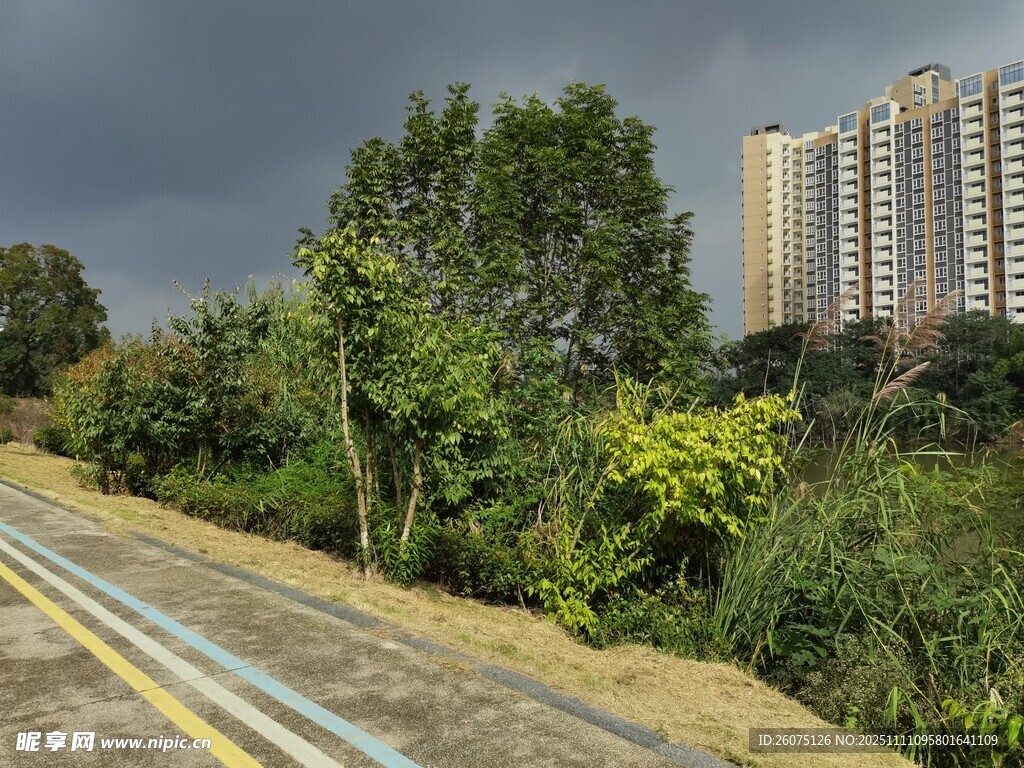 雨后城郊道路与林立高楼