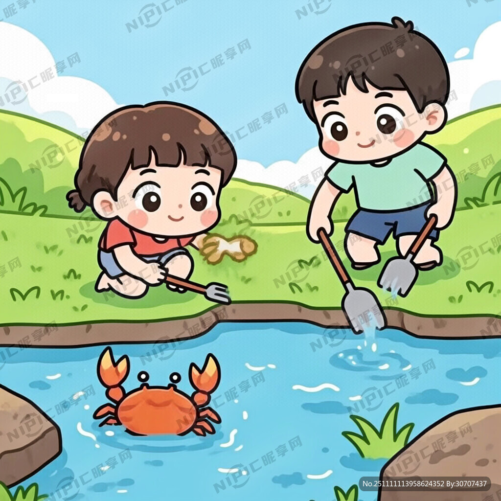 两小孩小溪边抓螃蟹