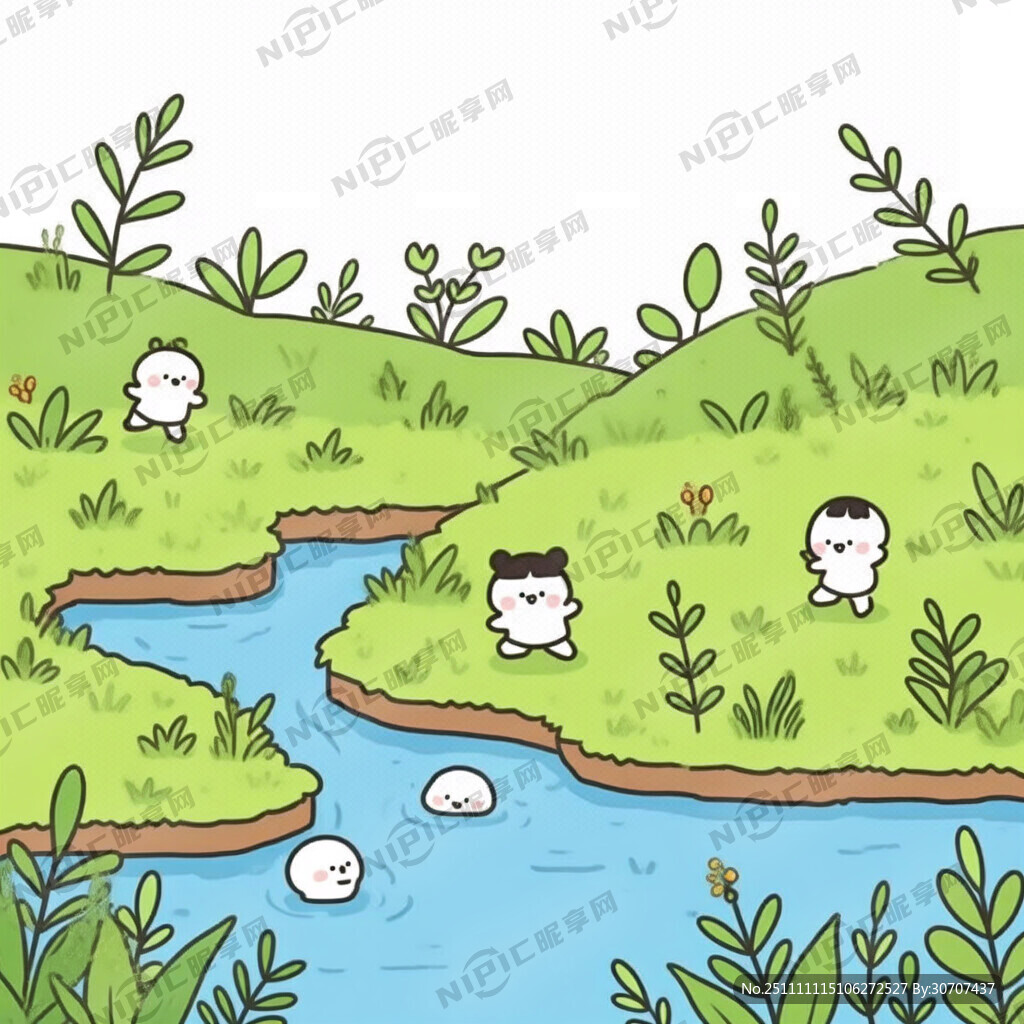 儿童小溪边玩耍 平原草地