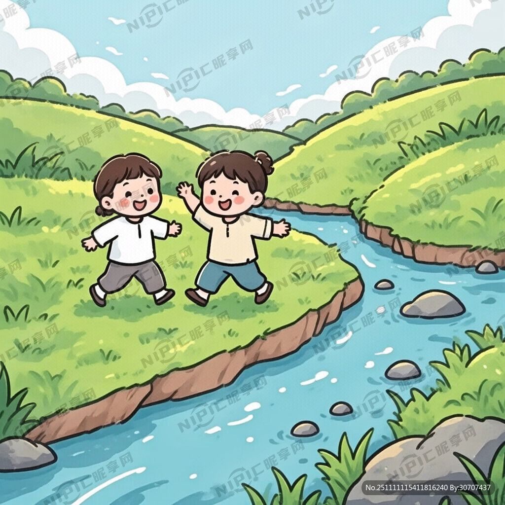 儿童小溪边玩耍 平原草地