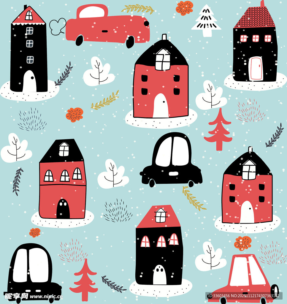 卡通风格房屋汽车图案设计