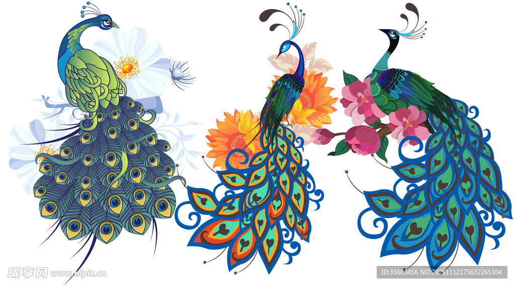 三只彩孔雀与花卉图案