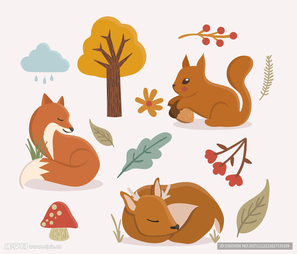 秋日森林中的可爱小动物