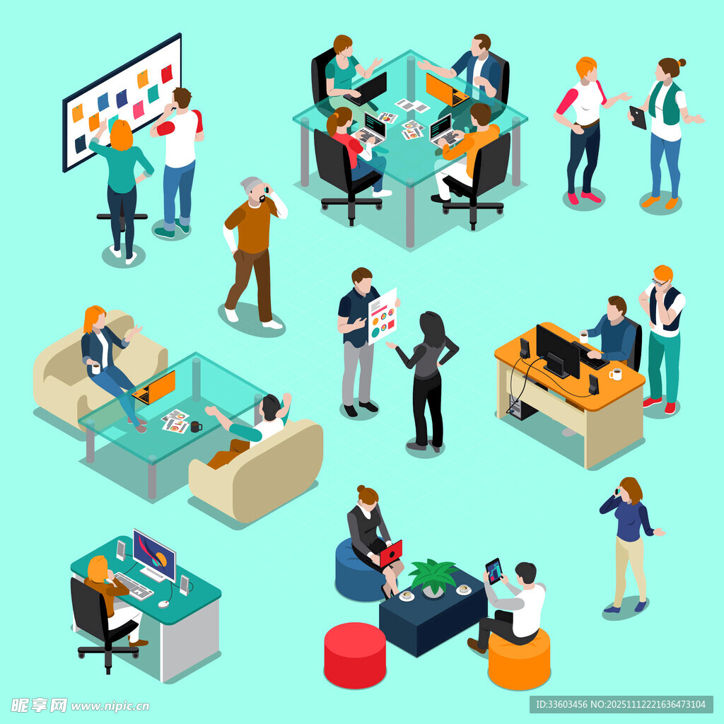 多样办公场景中的人物活动