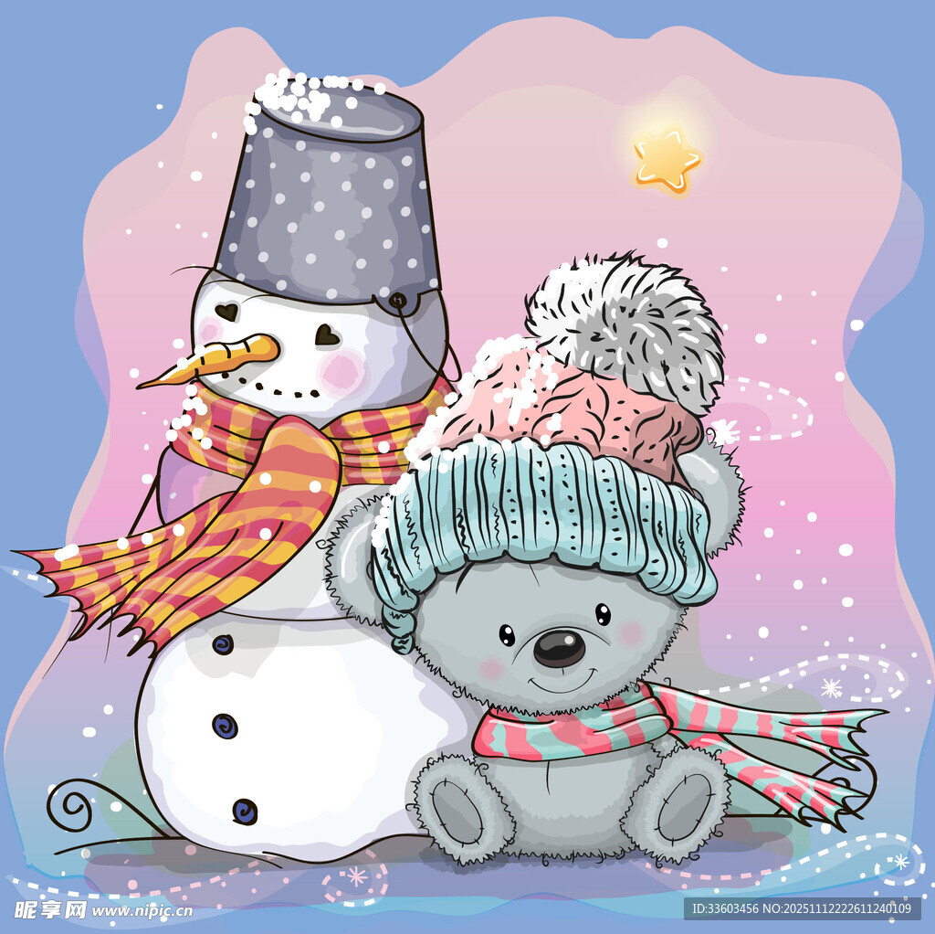 可爱雪人小熊冬日场景