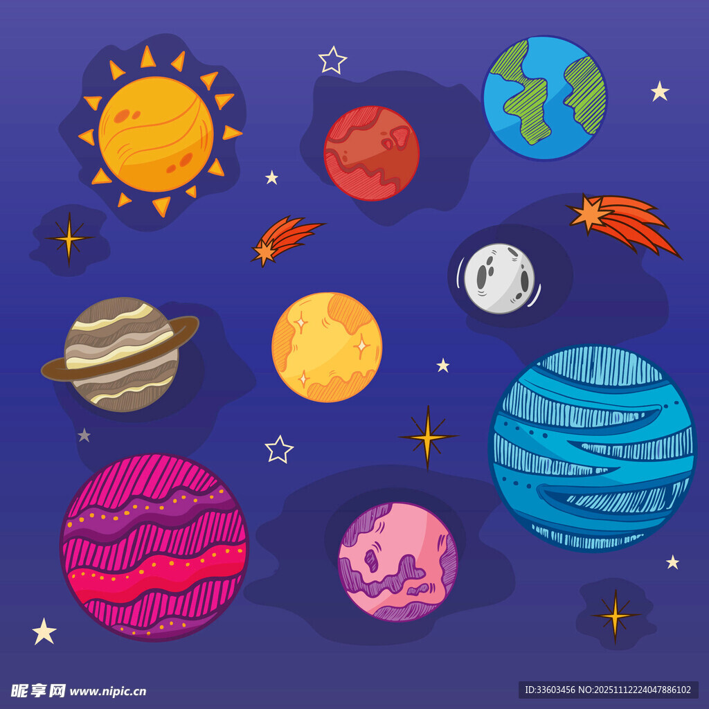 手绘多彩太阳系星球元素