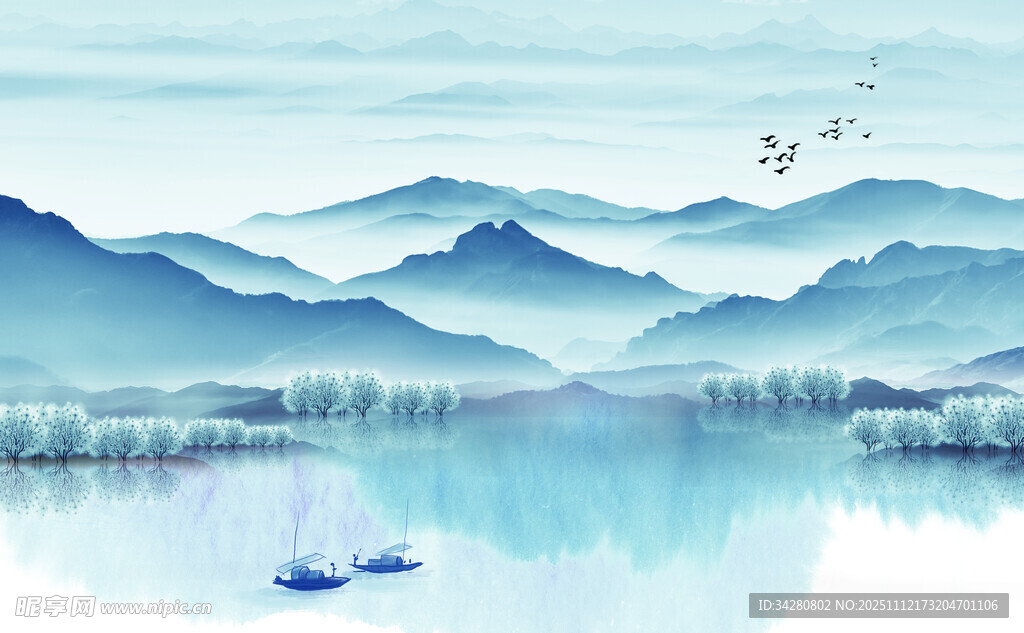 水墨山水间的悠然泛舟景