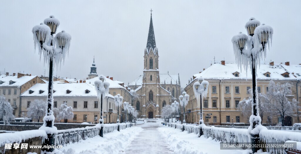 冬日雪景中的欧式小镇街道