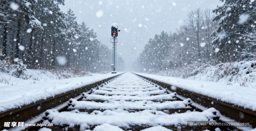 雪覆铁轨的冬日景象