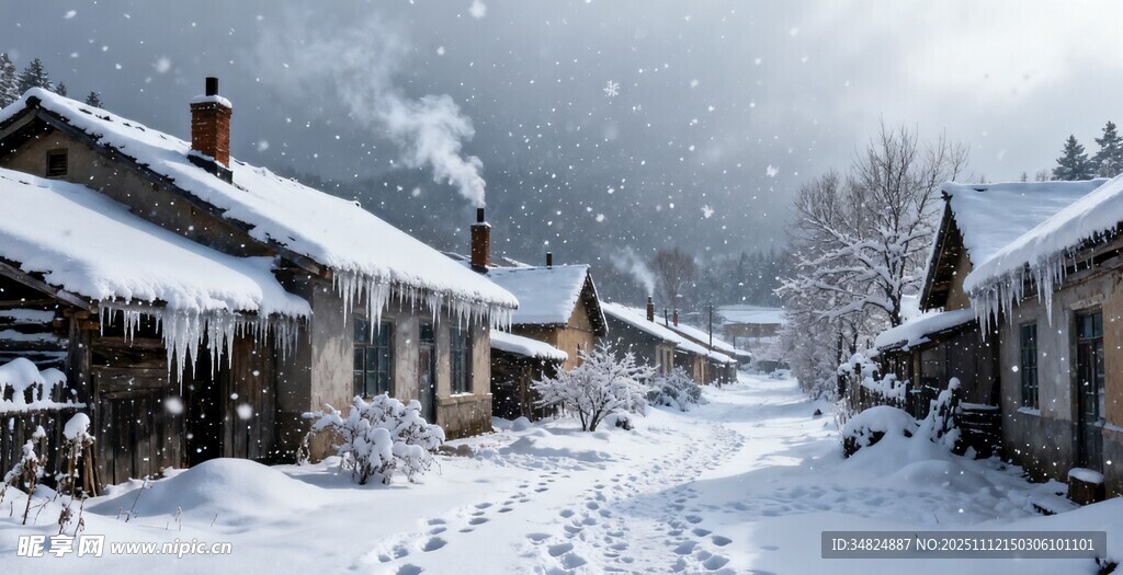 雪覆村落的冬日静谧景象